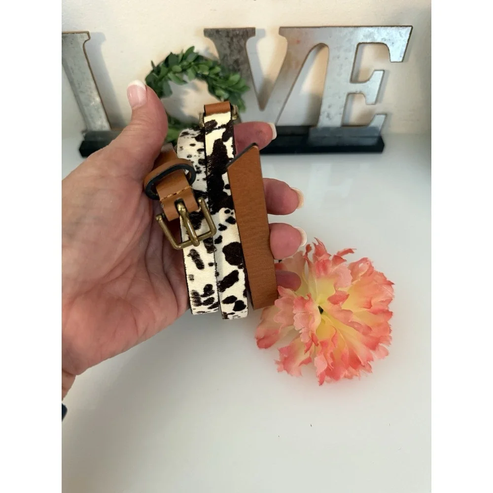 Banana Republic Dyed Calf Hair Faux Leather Brown Skinny Belt Animal‎ Print XS